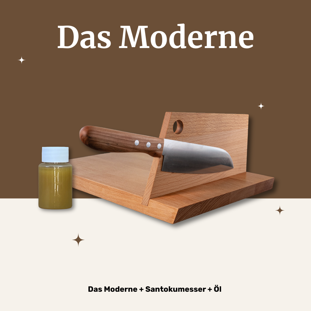 Für echte Küchenliebe: Mühlenbrett + Santokumesser + Öl