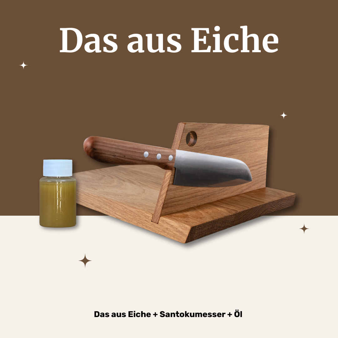 Für echte Küchenliebe: Mühlenbrett + Santokumesser + Öl