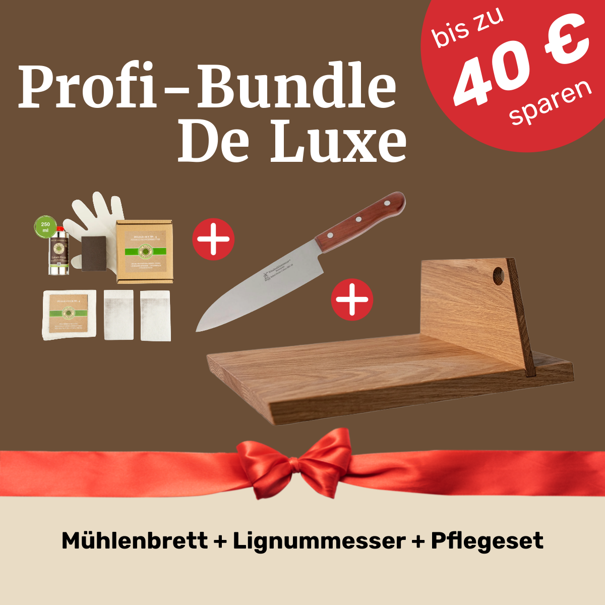Profi-Bundle De Luxe: Mühlenbrett + Lignummesser + Pflegeset